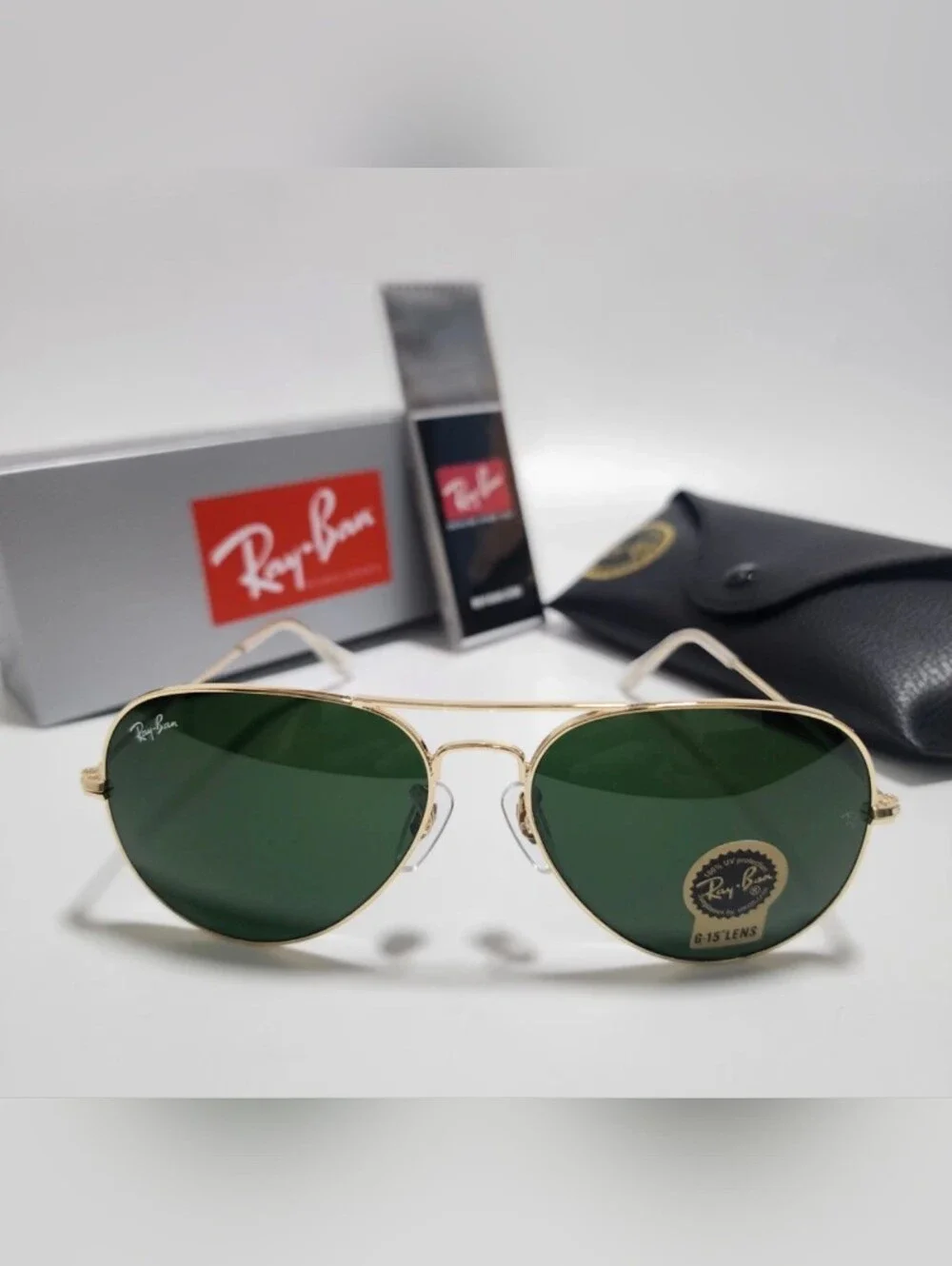 New With Box 62mm Ray-Ban Aviator Gold Frames Green Lenses G-15 Lens RB3026
